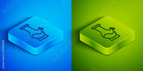 Isometric line Glass bong for smoking marijuana or cannabis icon isolated on blue and green background. Square button. Vector