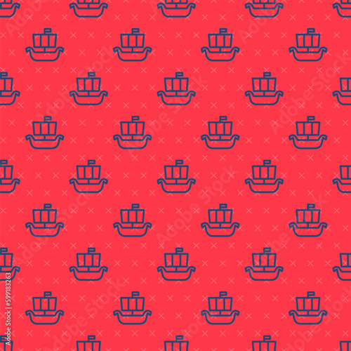 Blue line Ancient viking scandinavian drakkar icon isolated seamless pattern on red background. Viking transport ship. Vector