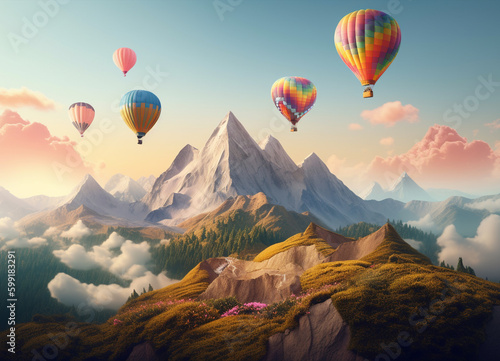 A Colorful Hot Air Balloons Floating Serenely Amidst the Breathtaking Mountain Views and Beautiful Cloudy Sky with Amazing Display of Colors and Light
