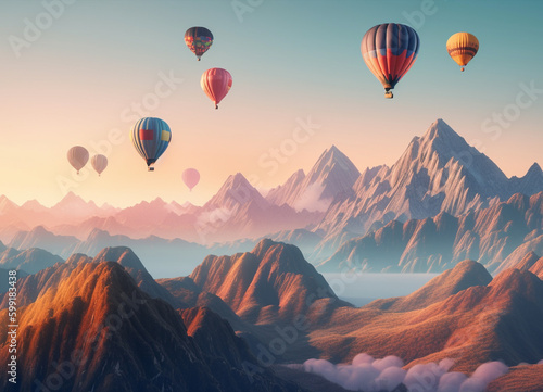 A Colorful Hot Air Balloons Floating Serenely Amidst the Breathtaking Mountain Views and Beautiful Cloudy Sky with Amazing Display of Colors and Light © Musashi_Collection