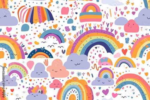 Bright rainbows clouds child doodle style seamless vector illustration
