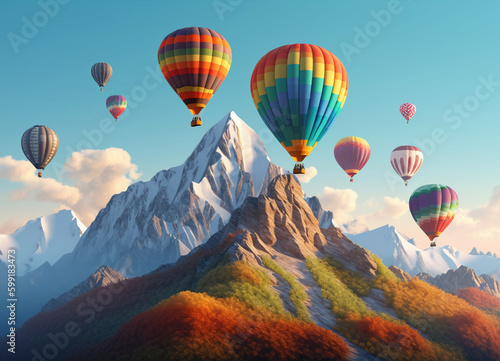 A Colorful Hot Air Balloons Floating Serenely Amidst the Breathtaking Mountain Views and Beautiful Cloudy Sky with Amazing Display of Colors and Light