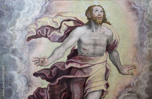 Tablou pe pânză NAPLES, ITALY - APRIL 23, 2023: The detail of fresco of  Ascension in the church Chiesa di San Giovanni a Carbonara by unknown mannerist painter from years (1570 - 1575)