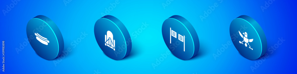 Set Isometric Hotdog sandwich, Saloon door, Eagle and Rocket launch from the spaceport icon. Vector Set Isometric Hotdog sandwich, Saloon door, Eagle and Rocket launch from the spaceport icon. Vector