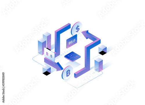Isometric Crypto Currency Cryptocurrency Illustration Blockchain trading investment conversion security NFT Wallet Game Music Movie Product Digital Mining Technology IOT IT