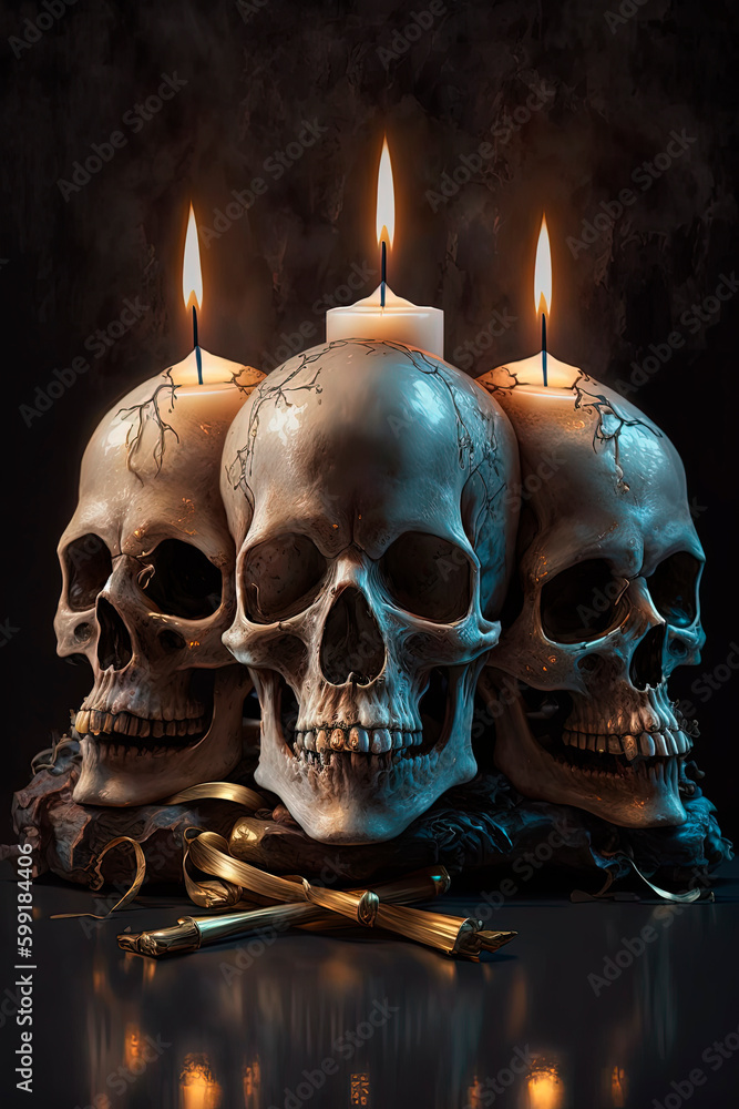 A group of three candles on skulls. Generative AI