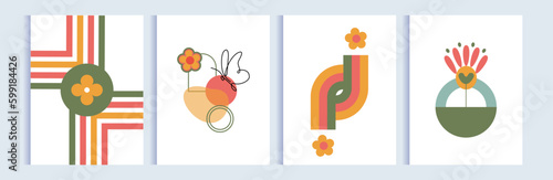 Set of modern abstract posters, covers, backgrounds. One line art butterflies, flowers, abstract shapes. Simple mid century modern concept. Colorful simple background, banner, flyer.