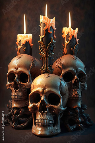 A group of three candles on skulls. Generative AI