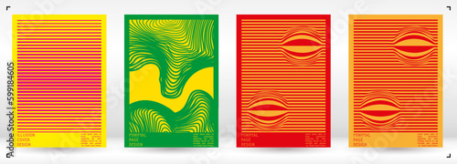 Geometrical Poster Design with Optical Illusion Effect.  Modern Psychedelic Cover Page Collection. Colourful Wave Lines Background. Fluid Stripes Art. Swiss Design. Vector Illustration for Brochure.