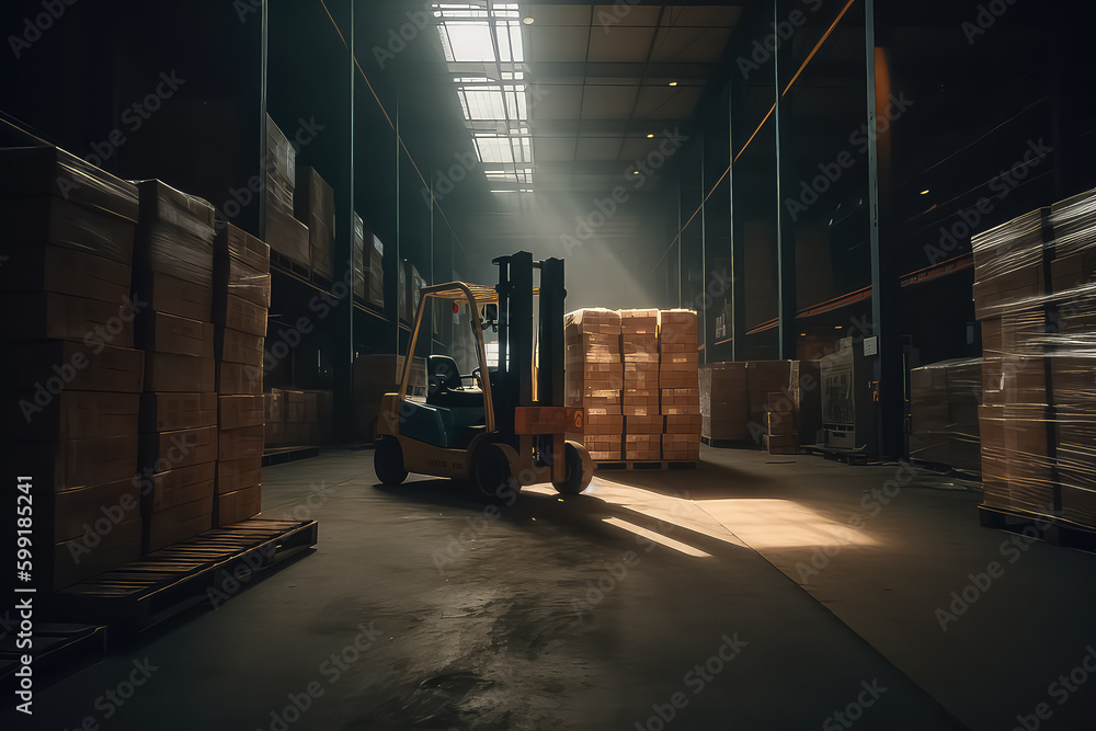 warehouse driver loading cardboard boxes by forklift stacker loader, AI ...