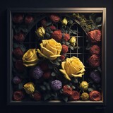 Frame with roses. Colorful flowers and black background. Generative A.I