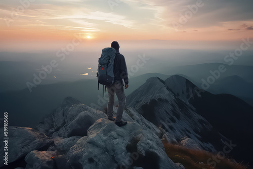 Young man standing on top of cliff in summer mountains at sunset and enjoying view   AI