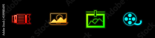 Set Camera photo lens, Photo retouching, frame and Film reel icon. Vector