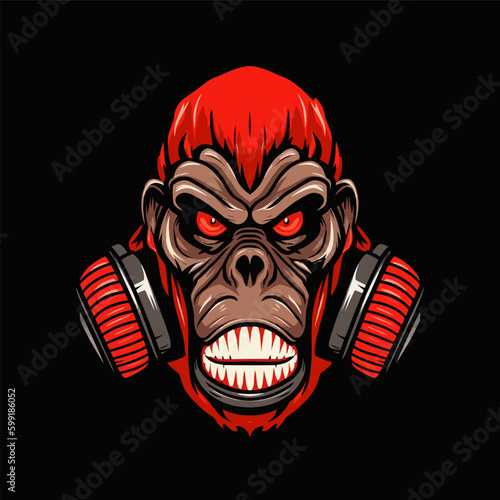 Red Gorilla ape Radioactive hazard with gas mask on black background vector art t-shirt design illustration