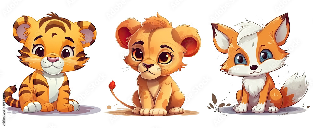 Cute Baby Animals, Tiger, Lion, Fox. Generative AI