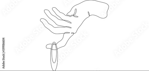 One continuous line. Earring in hand. Female palm with jewelry. Earrings for ears. stud earring. Gold and silver jewelry. One continuous line drawn isolated, white background.
