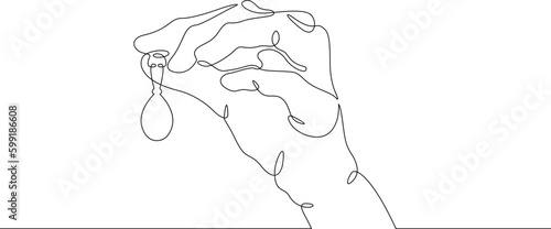 One continuous line. Earring in hand. Female palm with jewelry. Earrings for ears. stud earring. Gold and silver jewelry. One continuous line drawn isolated, white background.