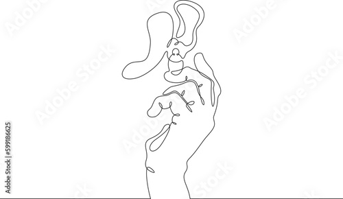 One continuous line. Earring in hand. Female palm with jewelry. Earrings for ears. stud earring. Gold and silver jewelry. One continuous line drawn isolated, white background.