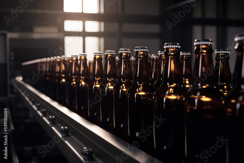 Concept brewery plant production line, Glass bottles of beer on dark background with sun light. AI