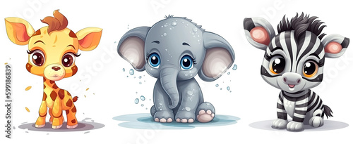 Cute Baby Animals, Elephant, Deer, Zebra. Generative AI