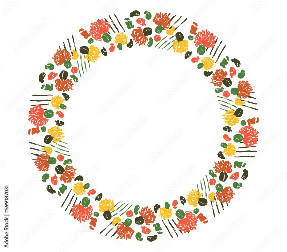 Round frame with flowers, cacti and geometric elements. Minimalistic vector design.