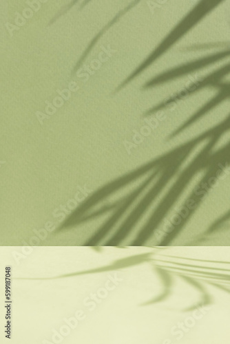 Minimal abstract background for the presentation of a cosmetic product. Empty premium podium with a shadow of tropical palm leaves on a green background. Showcase, display case.