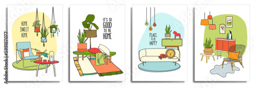 Collection modern bright interiors with stylish furniture. Set of cozy fashionable apartments and flats. Living room, office, hallway and other rooms in the house. Vector illustration in flat style