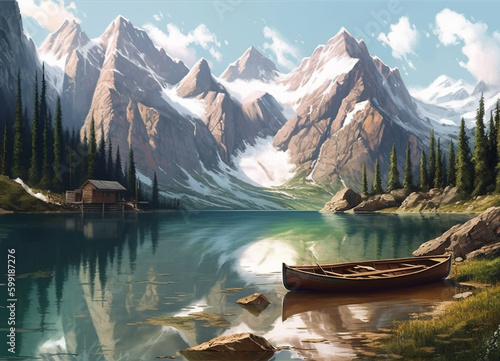 A Wooden Fishing Boat Drifting Across the Crystal-Clear Water Lake, Encircled by the Breathtaking Winter Beauty of the Mountain Scenery of Nature - AI Generated 