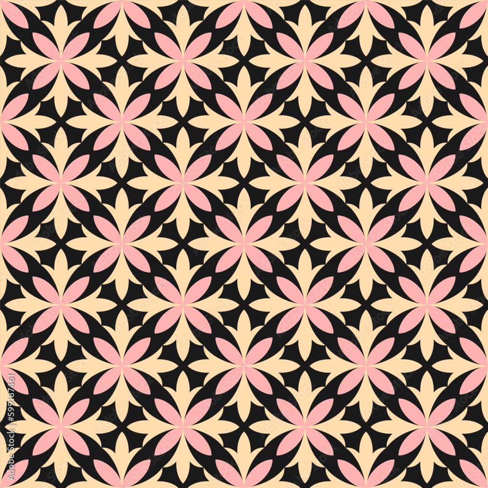 Seamless pattern with pink and beige abstract flowers and black background