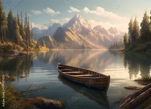 A Wooden Fishing Boat Drifting Across the Crystal-Clear Water Lake  Encircled by the Breathtaking Winter Beauty of the Mountain Scenery of Nature - AI Generated