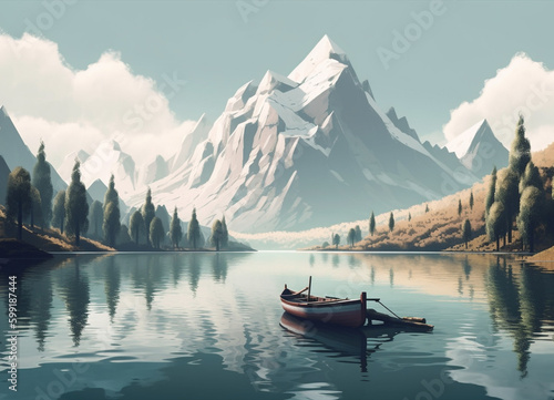 A Wooden Fishing Boat Drifting Across the Crystal-Clear Water Lake, Encircled by the Breathtaking Winter Beauty of the Mountain Scenery of Nature - AI Generated 