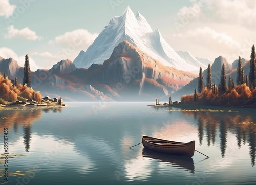 A Wooden Fishing Boat Drifting Across the Crystal-Clear Water Lake, Encircled by the Breathtaking Winter Beauty of the Mountain Scenery of Nature - AI Generated 