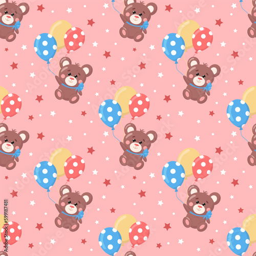 Vector seamless baby pattern, backdrop for wallpaper, print, textile, fabric, wrapping. Cute bear with balloons on pink background. Baby shower, newborn concept.