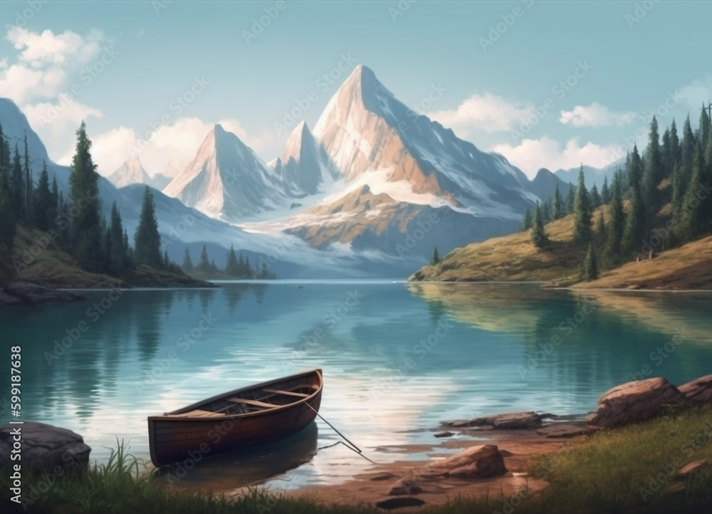 A Wooden Fishing Boat Drifting Across the Crystal-Clear Water Lake, Encircled by the Breathtaking Winter Beauty of the Mountain Scenery of Nature - AI Generated