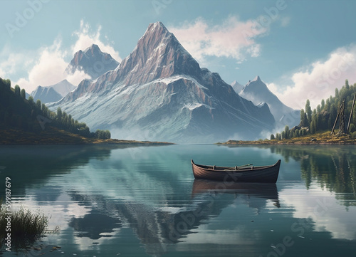 A Wooden Fishing Boat Drifting Across the Crystal-Clear Water Lake  Encircled by the Breathtaking Winter Beauty of the Mountain Scenery of Nature - AI Generated