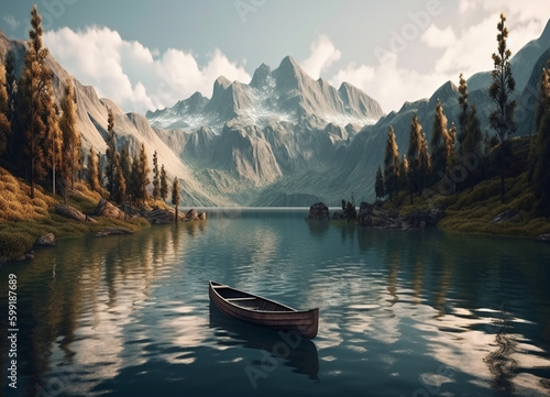 A Wooden Fishing Boat Drifting Across the Crystal-Clear Water Lake, Encircled by the Breathtaking Winter Beauty of the Mountain Scenery of Nature - AI Generated © Musashi_Collection