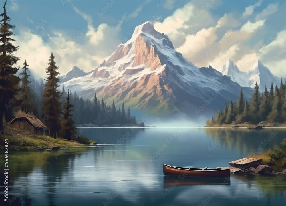 A Wooden Fishing Boat Drifting Across the Crystal-Clear Water Lake, Encircled by the Breathtaking Winter Beauty of the Mountain Scenery of Nature - AI Generated A Wooden Fishing Boat Drifting Across the Crystal-Clear Water Lake, Encircled by the Breathtaking Winter Beauty of the Mountain Scenery of Nature - AI Generated