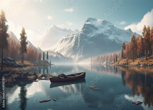 A Wooden Fishing Boat Drifting Across the Crystal-Clear Water Lake, Encircled by the Breathtaking Winter Beauty of the Mountain Scenery of Nature - AI Generated © Musashi_Collection