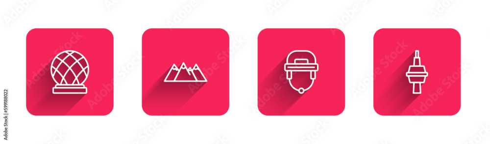 Set line Montreal Biosphere, Mountains, Hockey helmet and TV CN Tower Toronto with long shadow. Red square button. Vector Set line Montreal Biosphere, Mountains, Hockey helmet and TV CN Tower Toronto with long shadow. Red square button. Vector