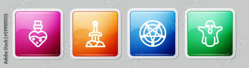 Set line Bottle with potion, Sword in the stone, Pentagram a circle and Ghost. Colorful square button. Vector