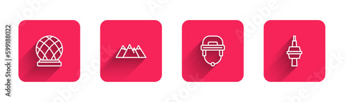 Set line Montreal Biosphere, Mountains, Hockey helmet and TV CN Tower Toronto with long shadow. Red square button. Vector