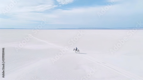 Aerial View Landscape illustration of Man on Horse in White Sand Plains with Ethereal Dreamscape and Minimalist Abstract Cowboy Imagery, AI Generative