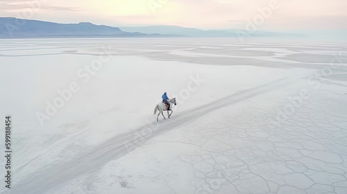 Aerial View Landscape illustration of Man on Horse in White Sand Plains with Ethereal Dreamscape and Minimalist Abstract Cowboy Imagery, AI Generative