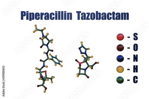 Piperacillin and tazobactam, a combination medication containing rhe antibiotic piperacillin and the beta-lactamase inhibitor tazobactam. Molecular models isolated on white background. 3d illustration