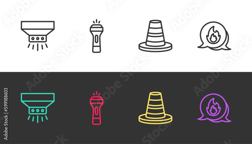 Set line Fire sprinkler system, Flashlight, Traffic cone and Emergency call on black and white. Vector