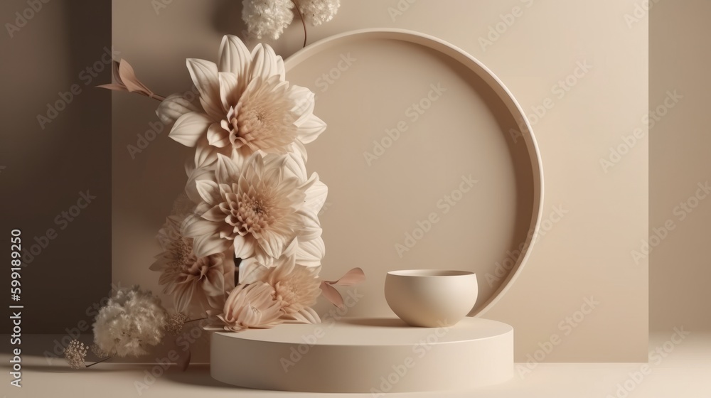 3D render of minimal display podium with floral decoration, cream colour, generative Ai 3D render of minimal display podium with floral decoration, cream colour, generative Ai