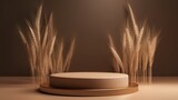 3D render of golden podium for product display with wheat ears, generative Ai