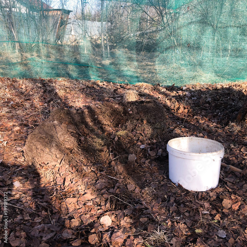 Dry last year's foliage on the ground at the cottage and a bucket nearby