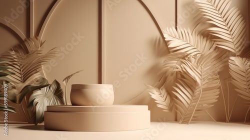 Wallpaper Mural 3D render of beige product display podium with palm leaves, generative Ai Torontodigital.ca