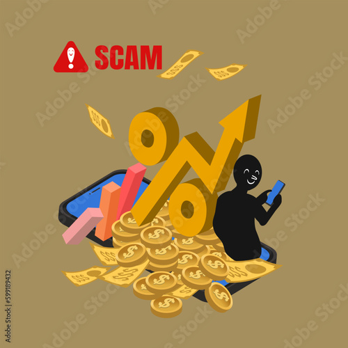 Illegal investment scam or ponzi scheme stealing money from greedy people, money trap incentive in business.  Cyber crime, hacker attack